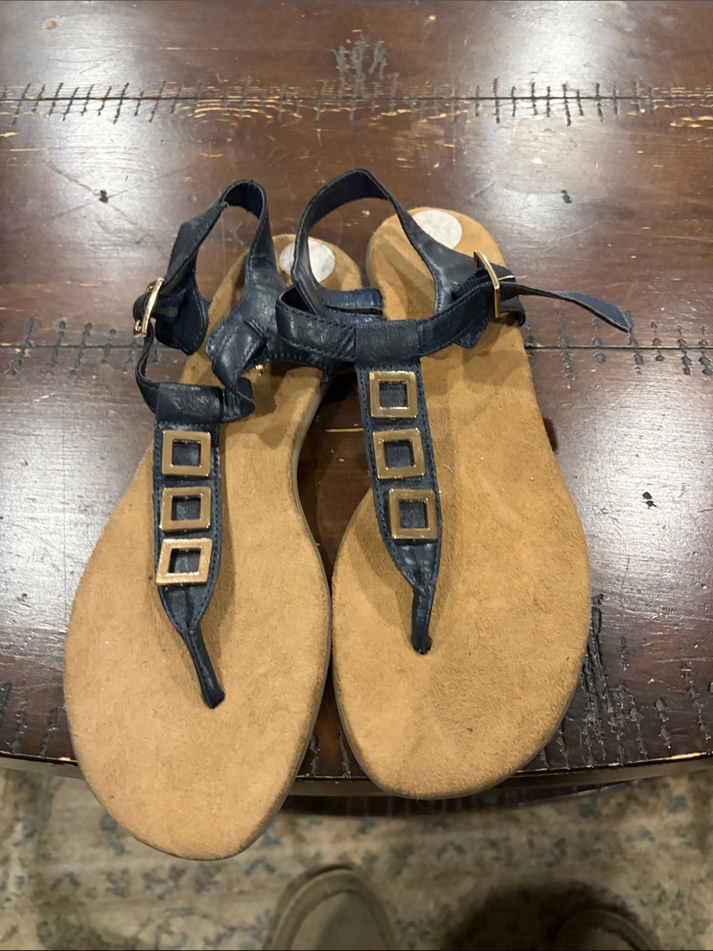 Black T-Strap Women's Sandals with Gold Square Accents